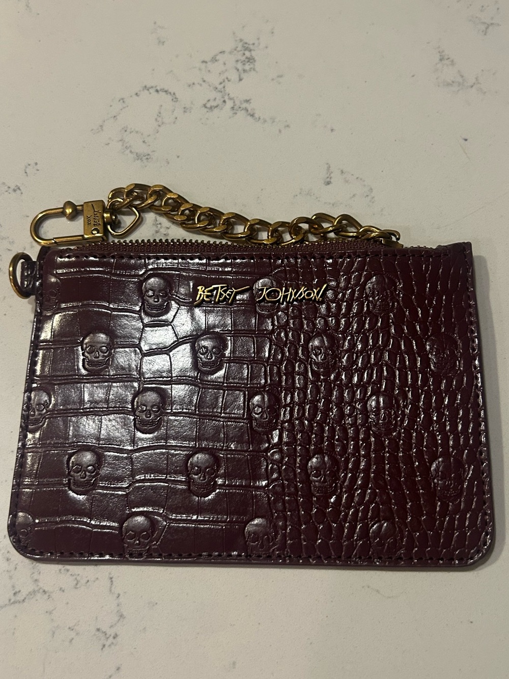 Betsey Johnson Wine Embossed Skull Croc Wristlet with Gold Chain